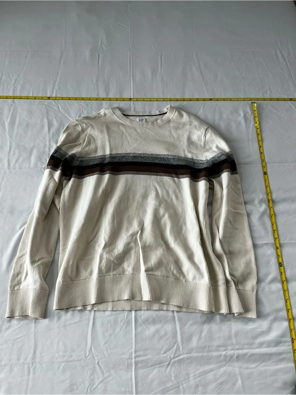 GAP Cream Crewneck Sweater with Gray and Brown Stripes